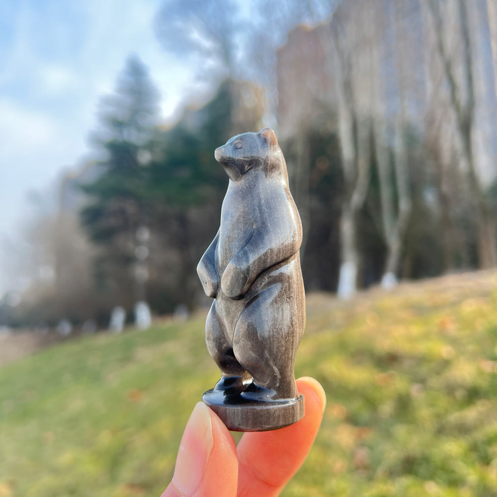 Natural Crystal Carving Silver Obsidian Standing Bear