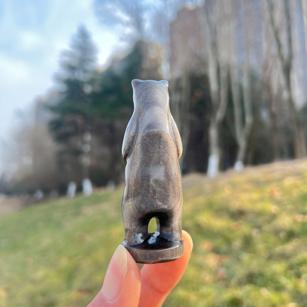Natural Crystal Carving Silver Obsidian Standing Bear