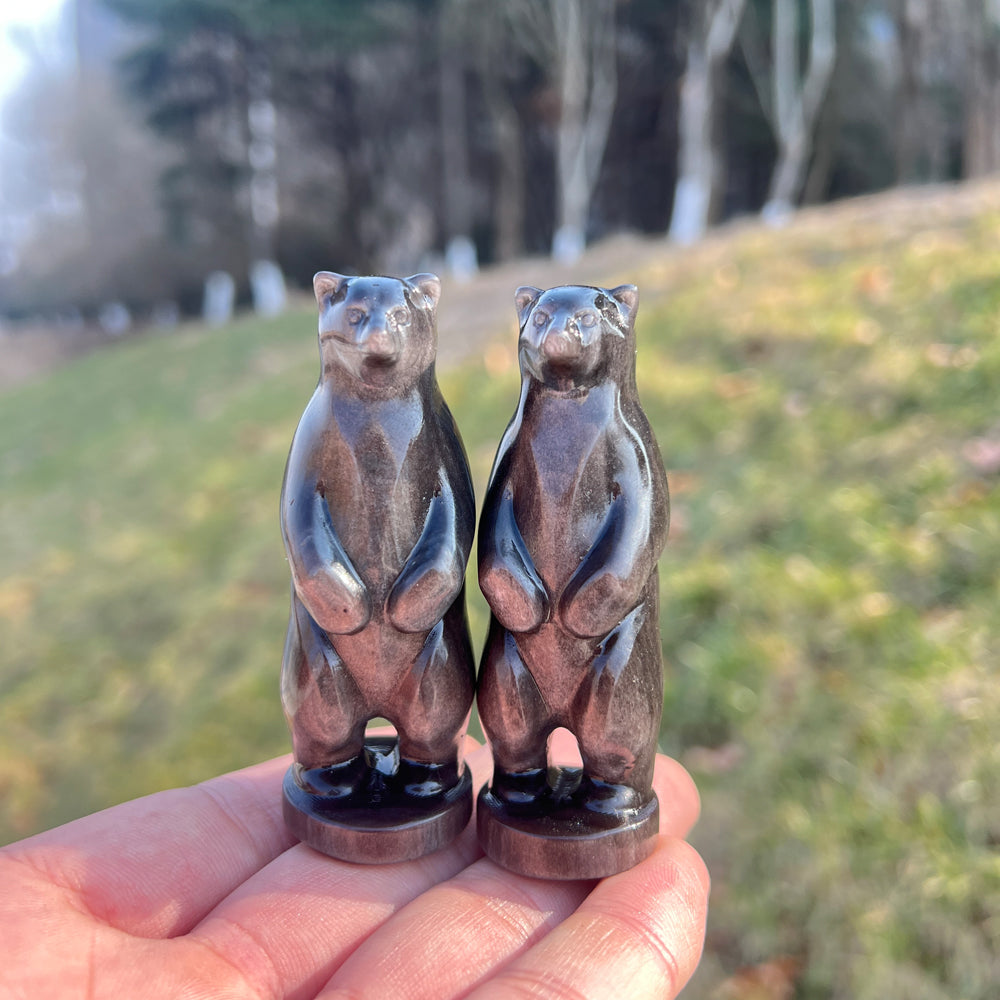 Natural Crystal Carving Silver Obsidian Standing Bear