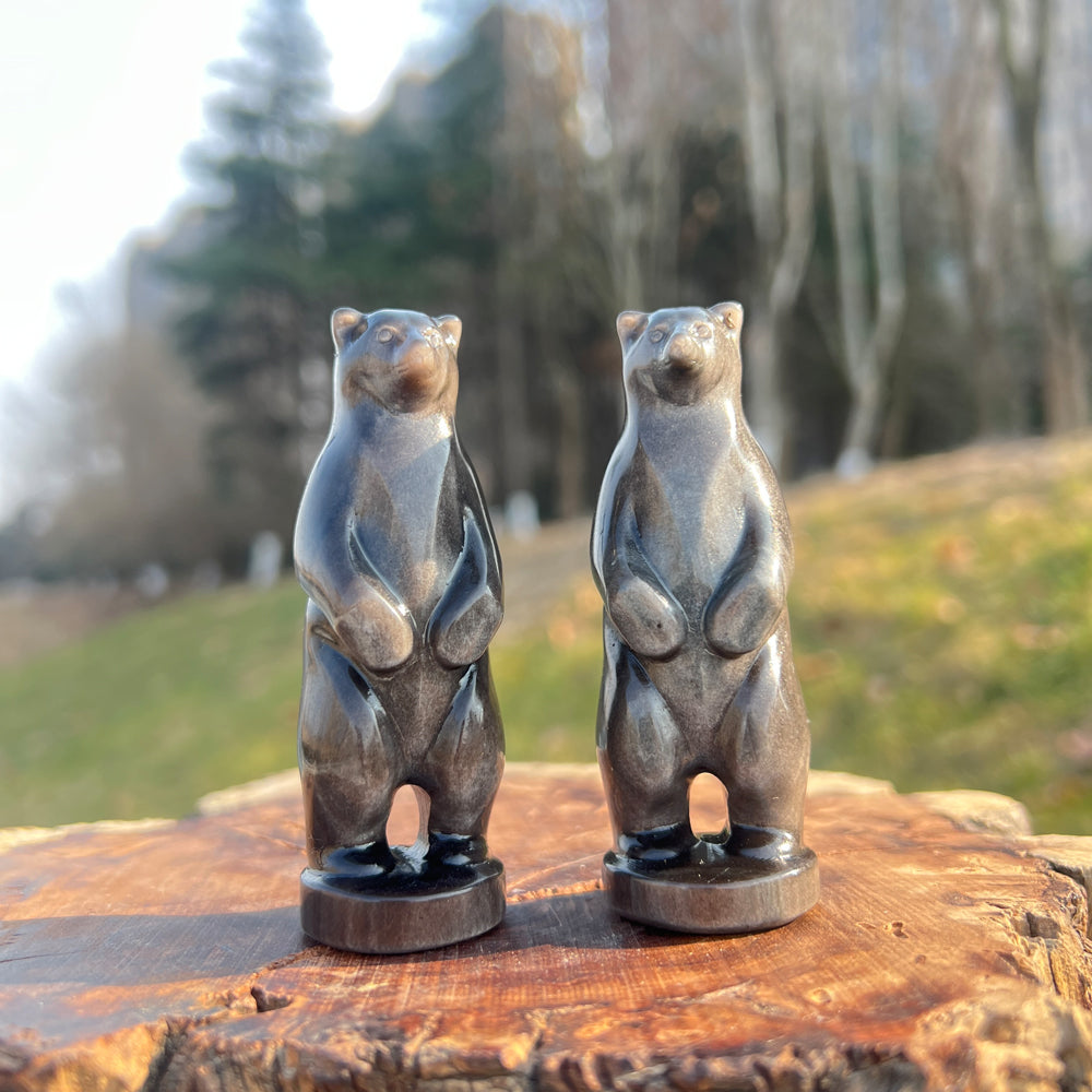 Natural Crystal Carving Silver Obsidian Standing Bear