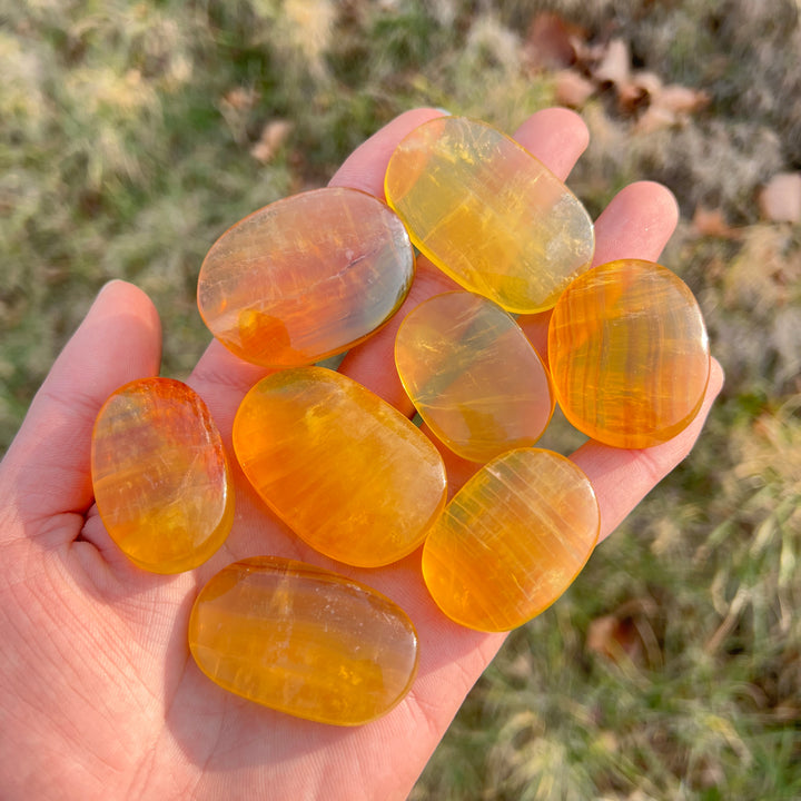 Natural Crystal Yellow Fluorite Palm Stone