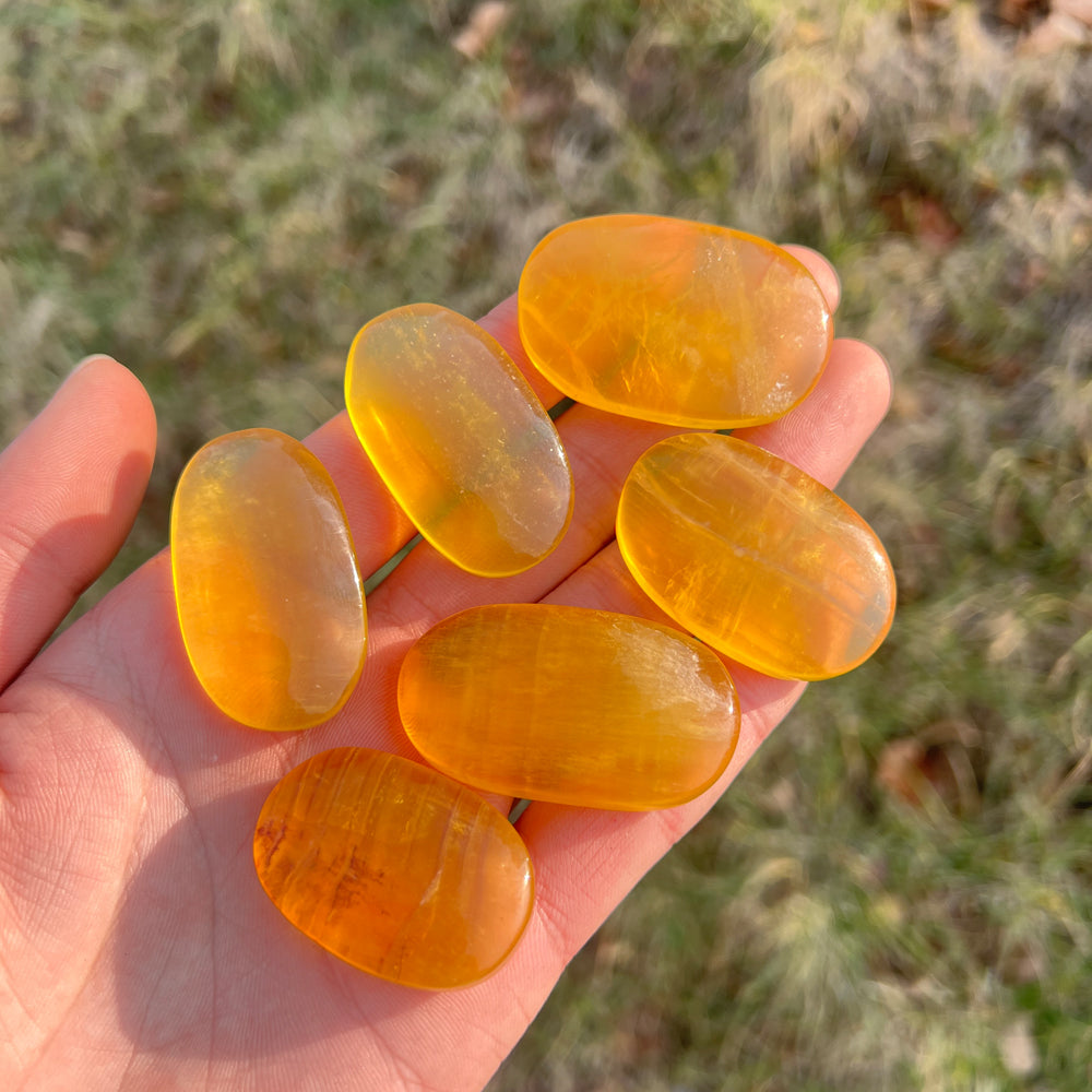 Natural Crystal Yellow Fluorite Palm Stone