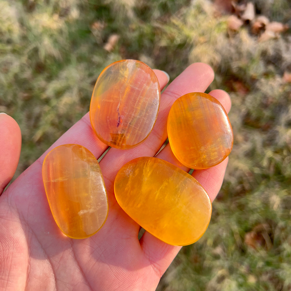 Natural Crystal Yellow Fluorite Palm Stone