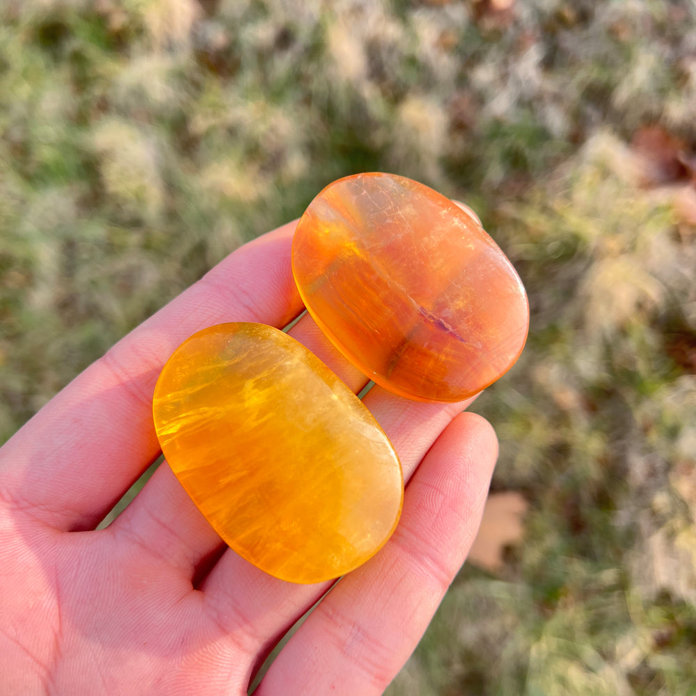 Natural Crystal Yellow Fluorite Palm Stone