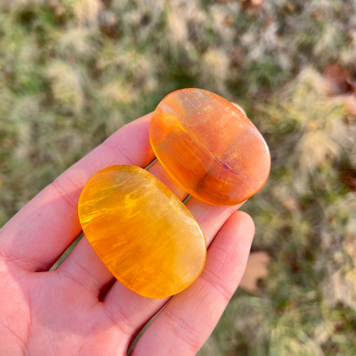 Natural Crystal Yellow Fluorite Palm Stone