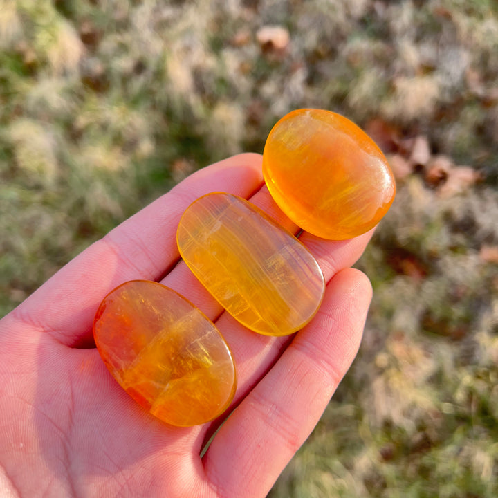 Natural Crystal Yellow Fluorite Palm Stone