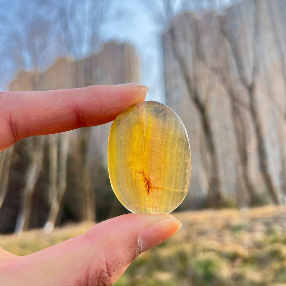 Natural Crystal Yellow Fluorite Palm Stone