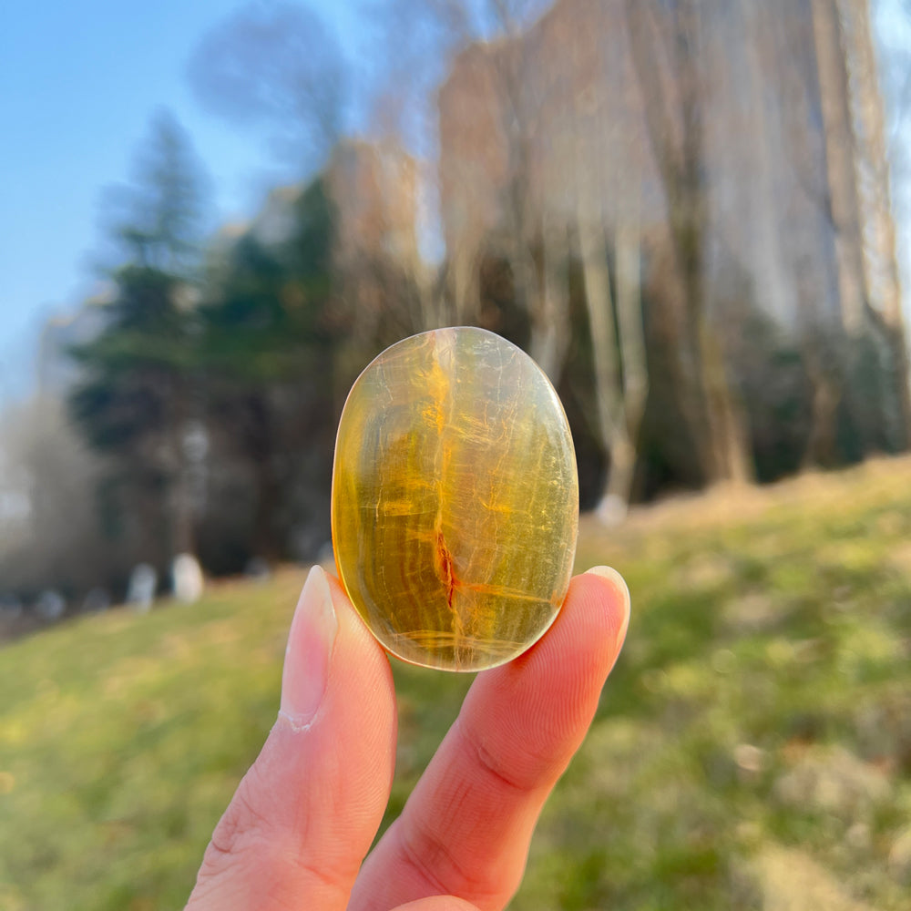 Natural Crystal Yellow Fluorite Palm Stone
