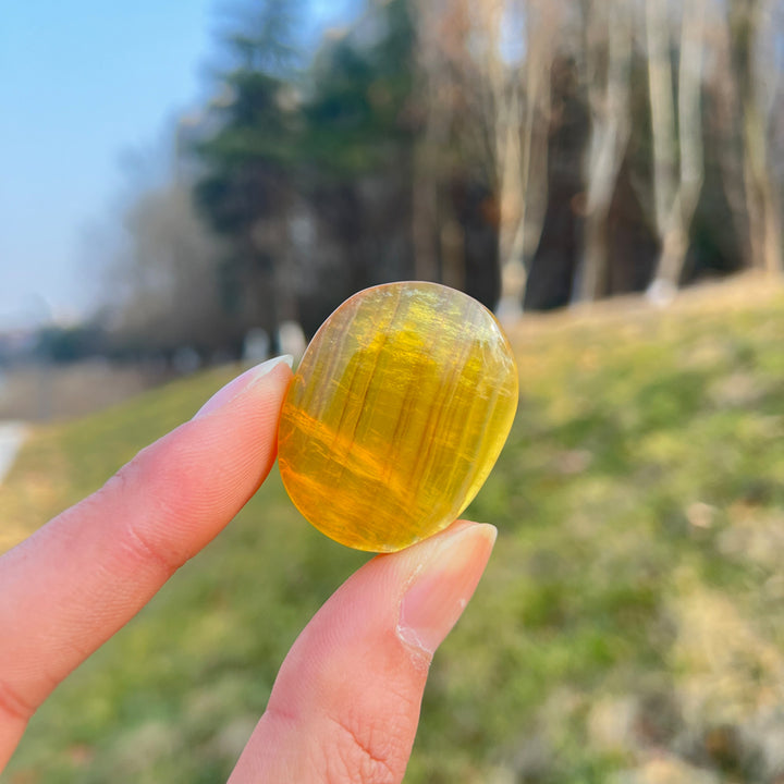 Natural Crystal Yellow Fluorite Palm Stone