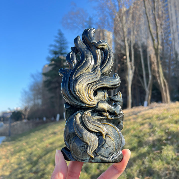 Natural Crystal Carving Golden Obsidian Nine-Tailed Fox