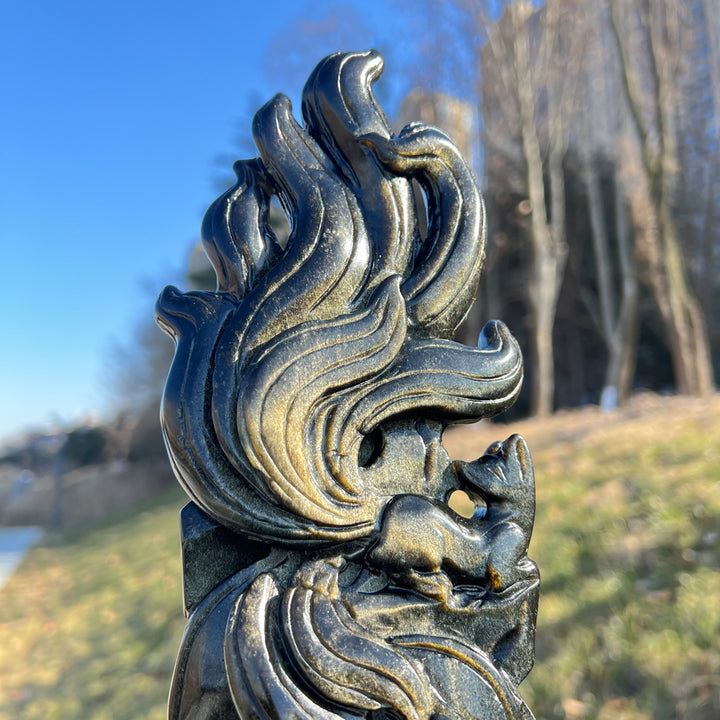 Natural Crystal Carving Golden Obsidian Nine-Tailed Fox