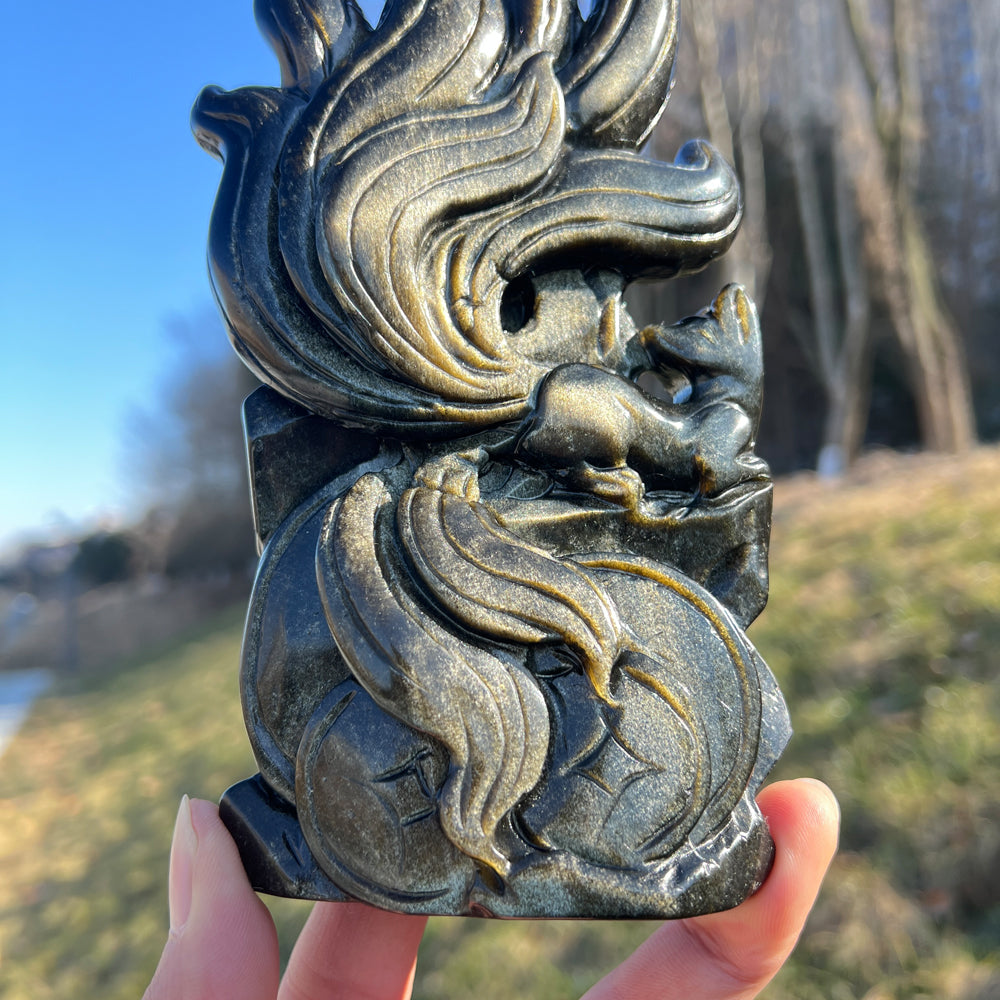 Natural Crystal Carving Golden Obsidian Nine-Tailed Fox