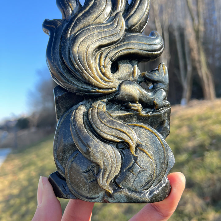 Natural Crystal Carving Golden Obsidian Nine-Tailed Fox