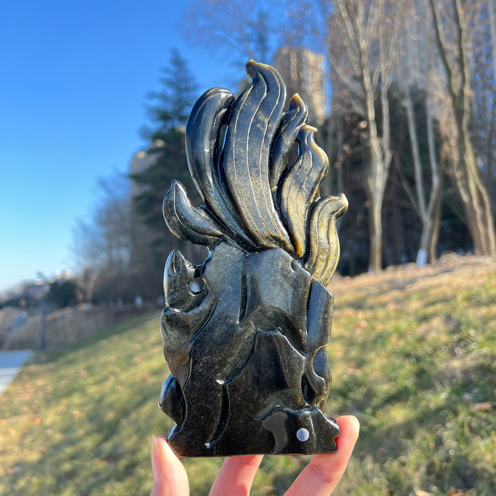 Natural Crystal Carving Golden Obsidian Nine-Tailed Fox