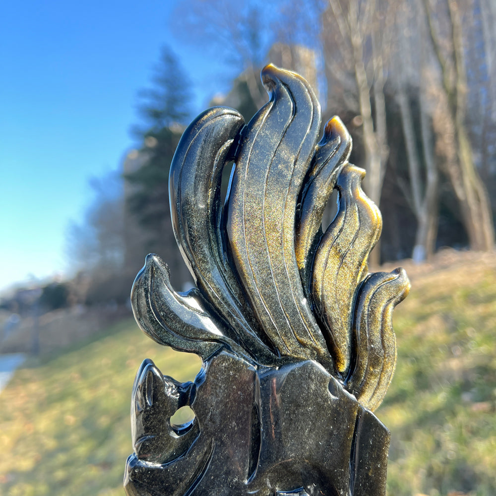 Natural Crystal Carving Golden Obsidian Nine-Tailed Fox