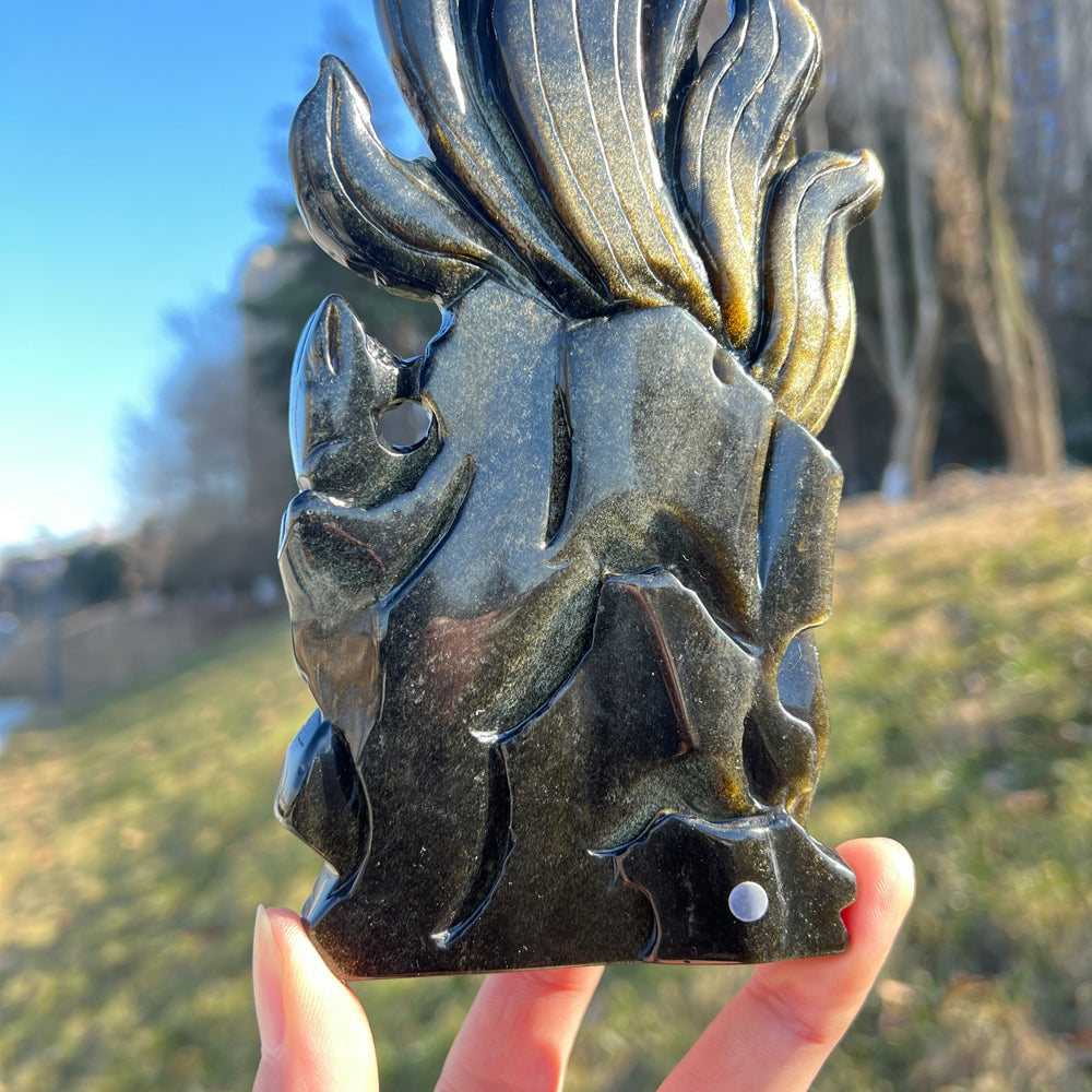 Natural Crystal Carving Golden Obsidian Nine-Tailed Fox