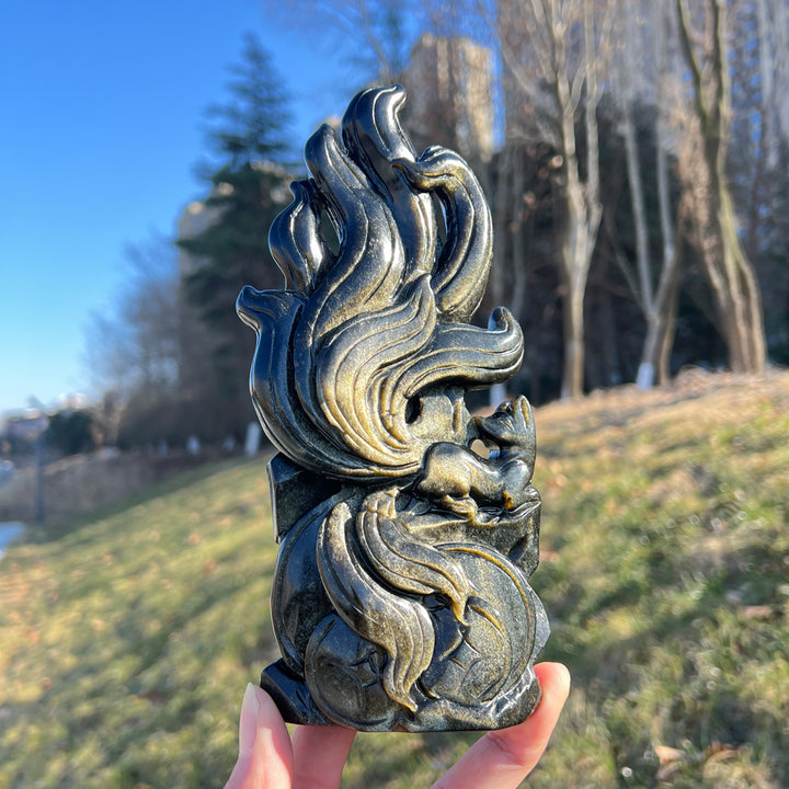 Natural Crystal Carving Golden Obsidian Nine-Tailed Fox