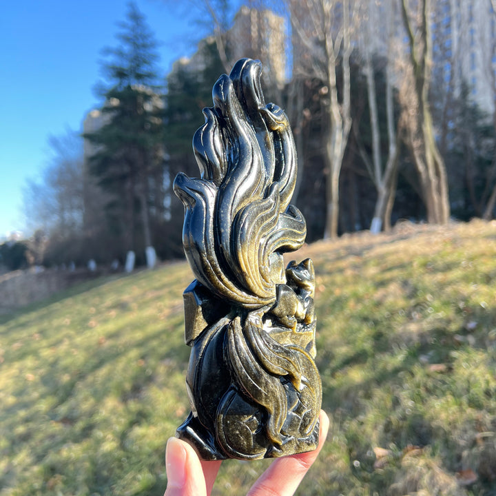 Natural Crystal Carving Golden Obsidian Nine-Tailed Fox