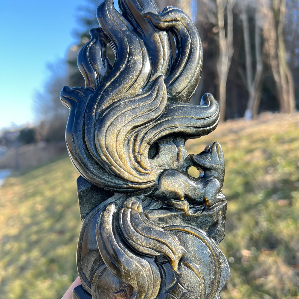 Natural Crystal Carving Golden Obsidian Nine-Tailed Fox