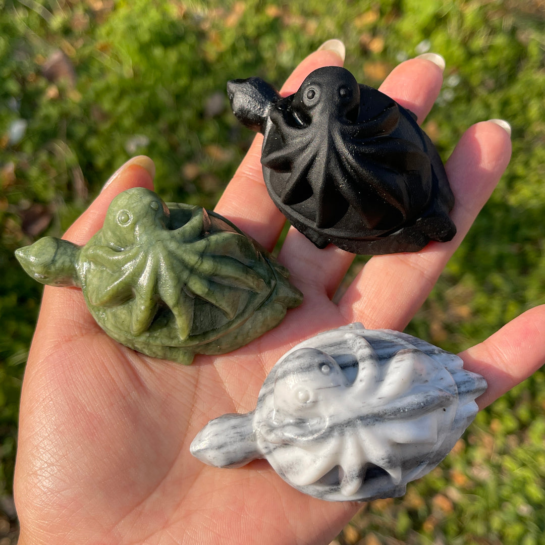 Natural Crystal Carving Octopus-Turtle Symbiosis