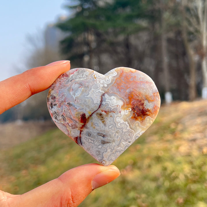 Natural Crystal Mexican Agate Heart Palm Stone