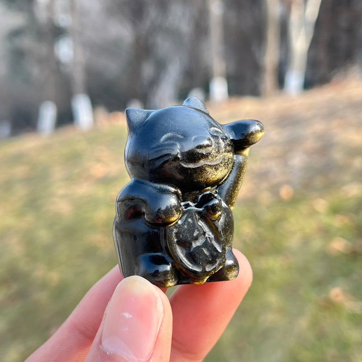 Natural Crystal Carving Golden Obsidian Lucky Cat