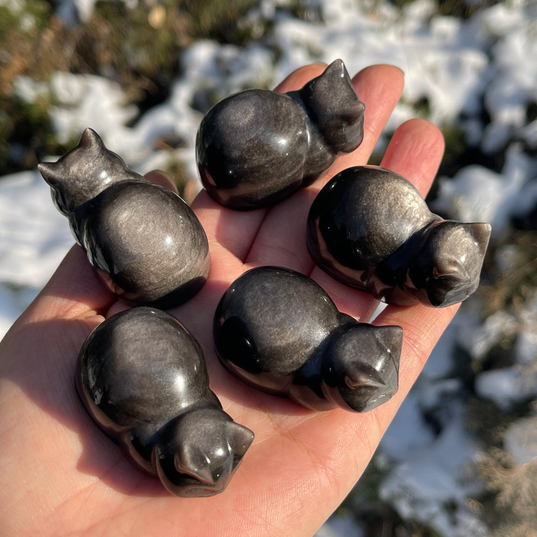 Natural Silver Obsidian Bread Cat Carving