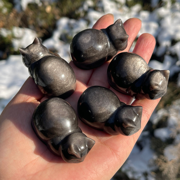 Natural Silver Obsidian Bread Cat Carving