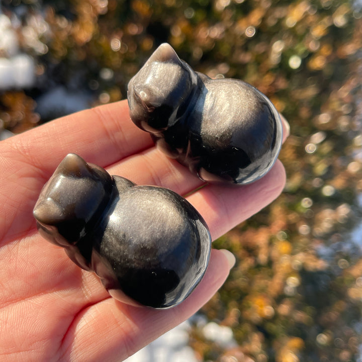 Natural Silver Obsidian Bread Cat Carving