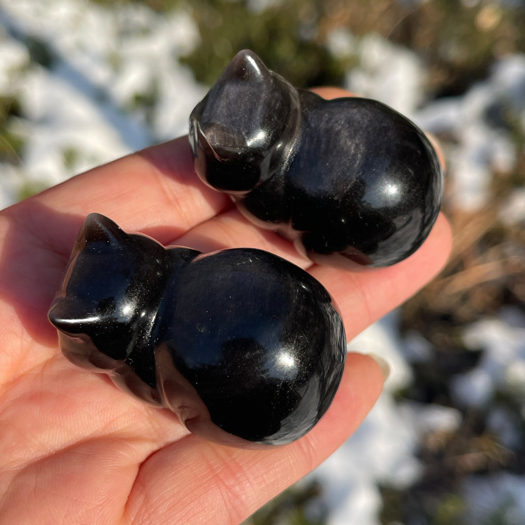 Natural Silver Obsidian Bread Cat Carving