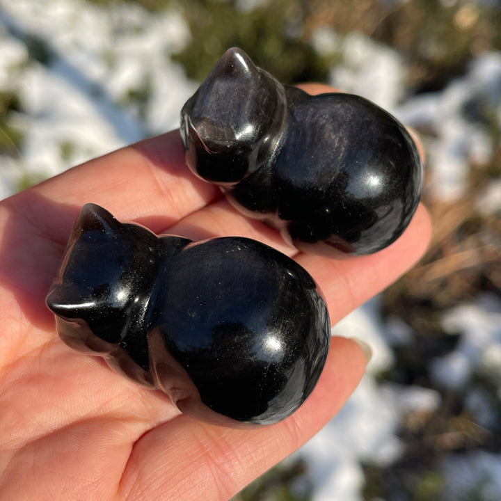 Natural Silver Obsidian Bread Cat Carving