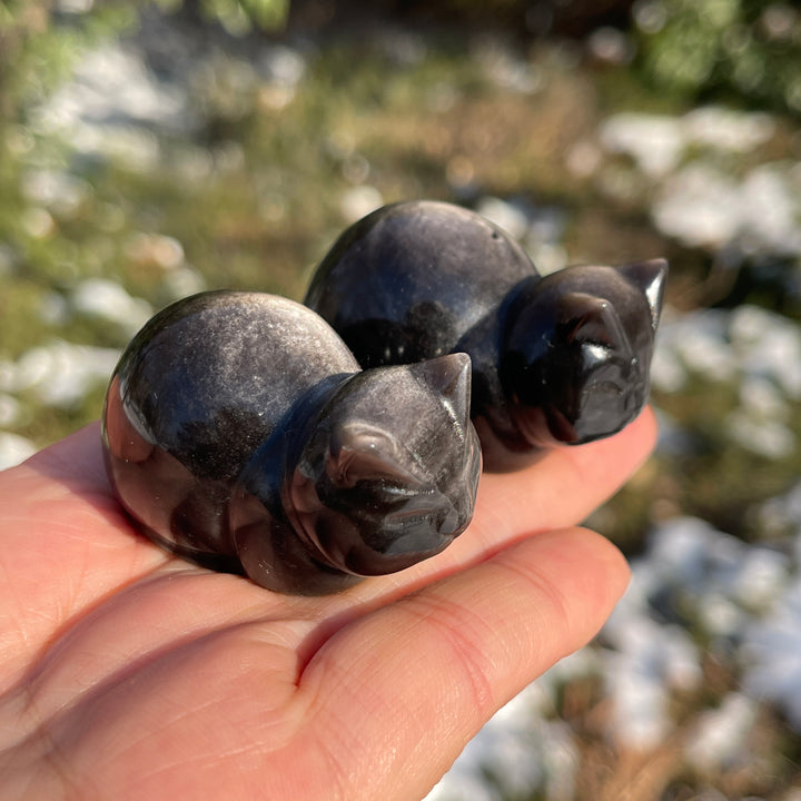Natural Silver Obsidian Bread Cat Carving