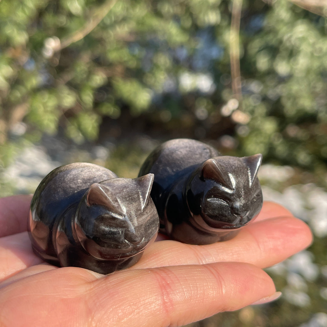 Natural Silver Obsidian Bread Cat Carving