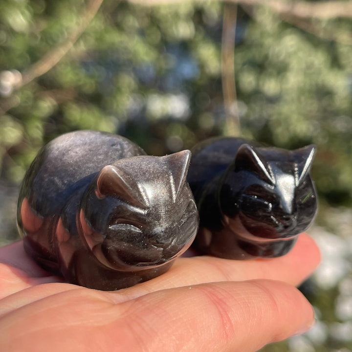 Natural Silver Obsidian Bread Cat Carving