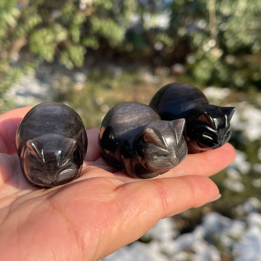 Natural Silver Obsidian Bread Cat Carving