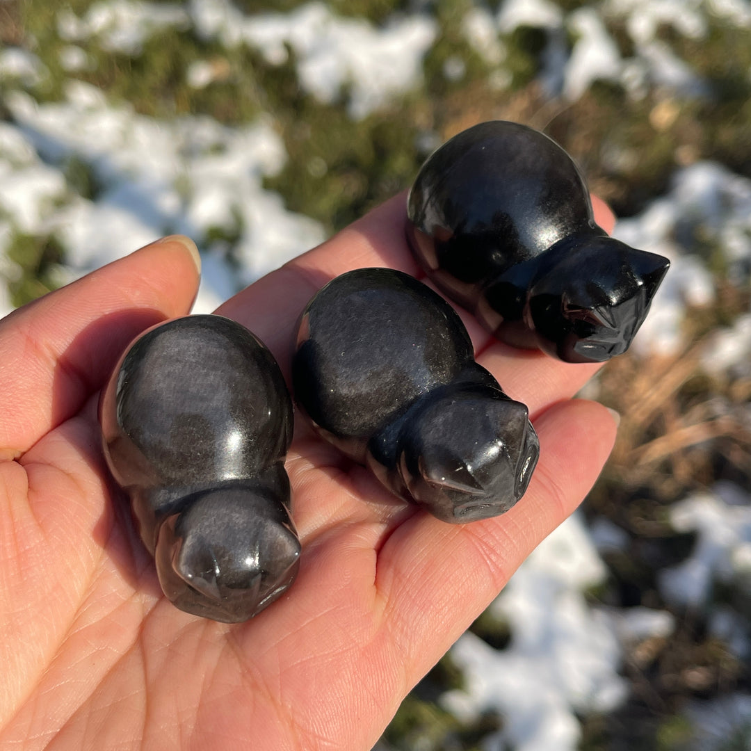 Natural Silver Obsidian Bread Cat Carving