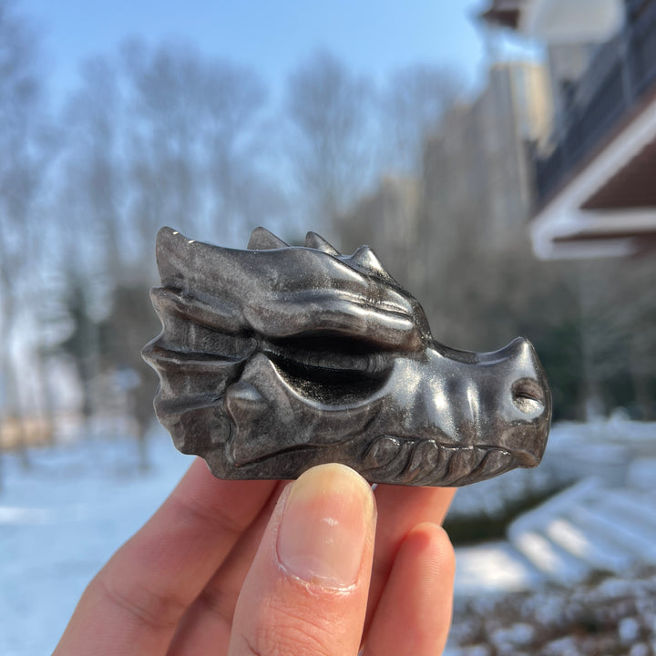 Natural Crystal Carving Silver Obsidian Dragon Head