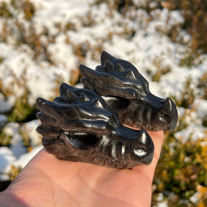 Natural Crystal Carving Silver Obsidian Dragon Head