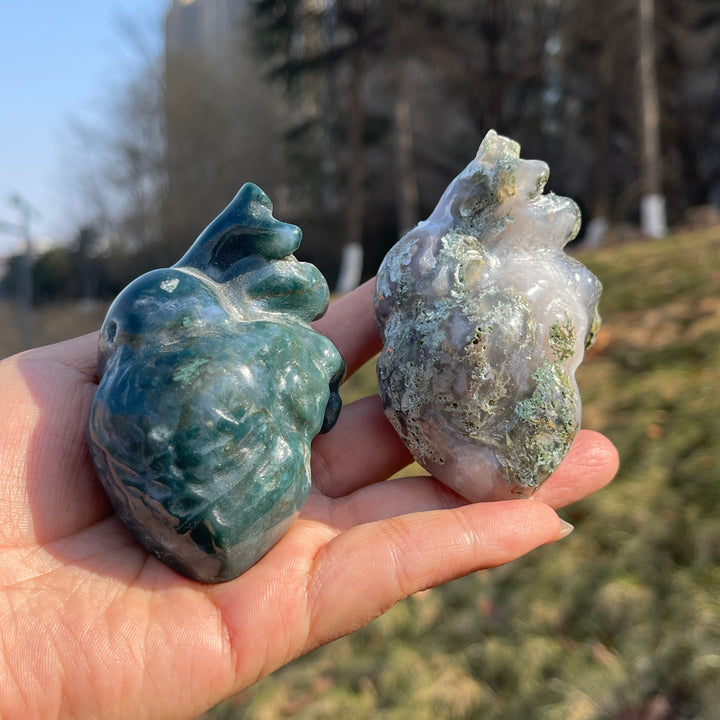 Natural Moss Agate Heart Carving