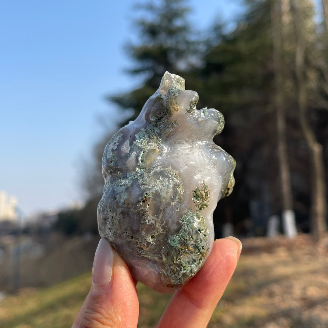 Natural Moss Agate Heart Carving