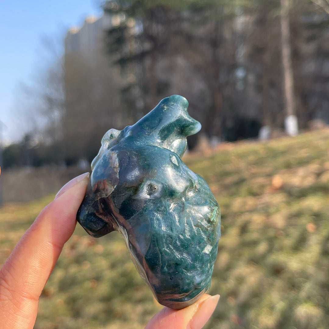 Natural Moss Agate Heart Carving