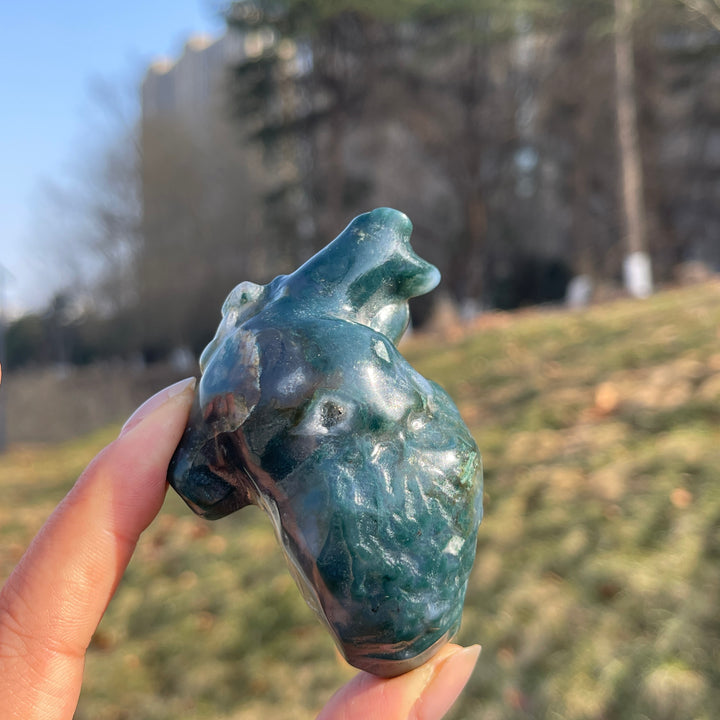 Natural Moss Agate Heart Carving