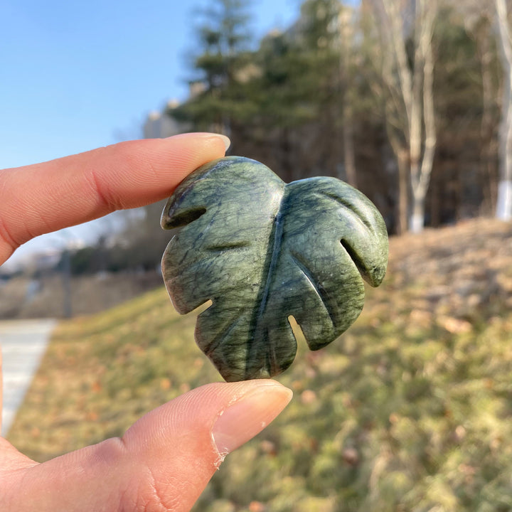 Natural Crystal Carving Serpentine Monstera Leaf