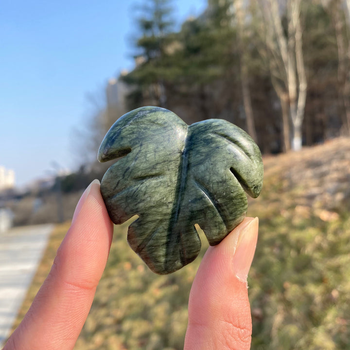 Natural Crystal Carving Serpentine Monstera Leaf