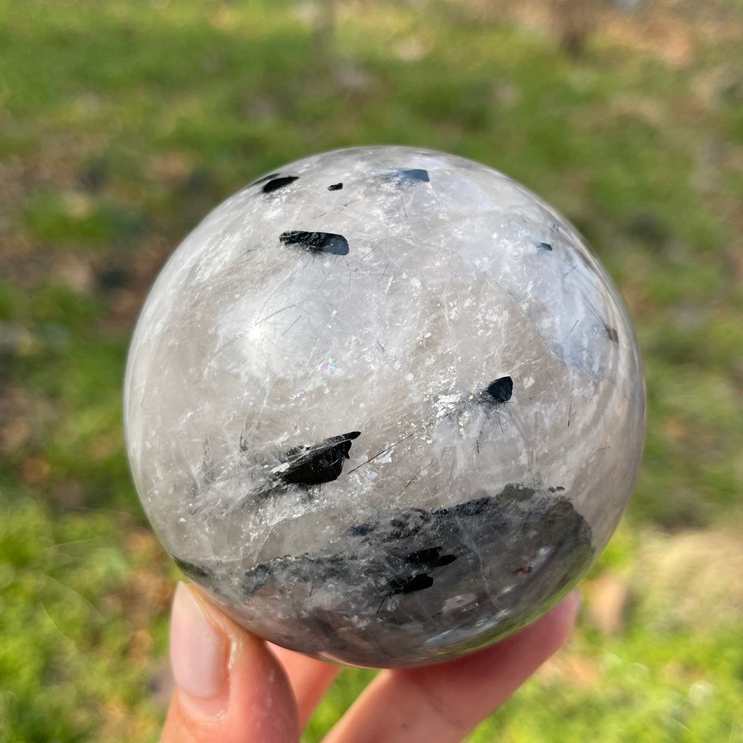 Unique,Natural Crystal Quartz Tourmaline Sphere