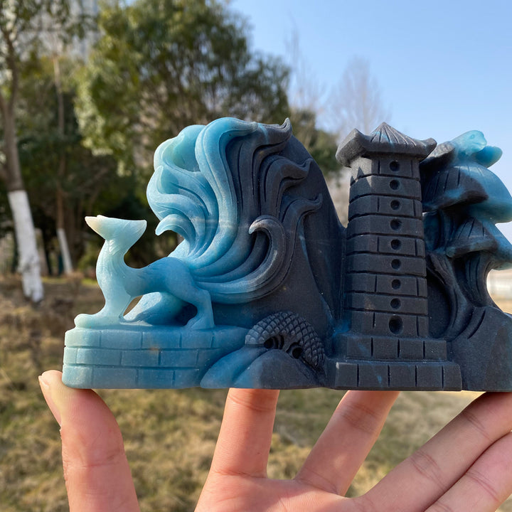 Unique Natural Crystal Carved Trolleite Nine-Tailed Fox With Pagoda
