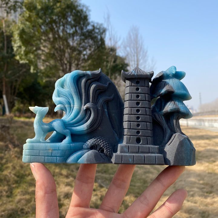 Unique Natural Crystal Carved Trolleite Nine-Tailed Fox With Pagoda