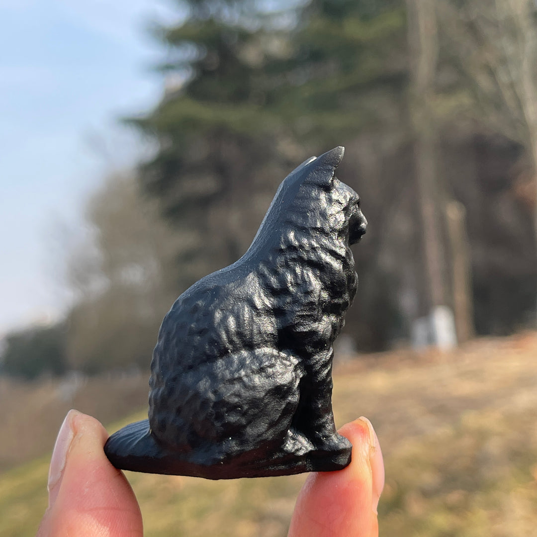 Natural Crystal Carving Obsidian Sitting Cat
