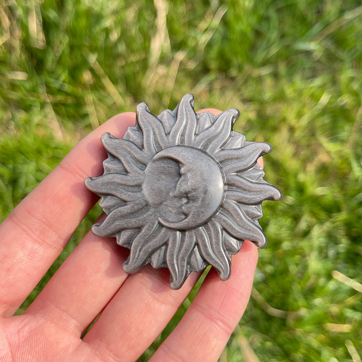 Natural Carving Silver Obsidian Sun & Moon