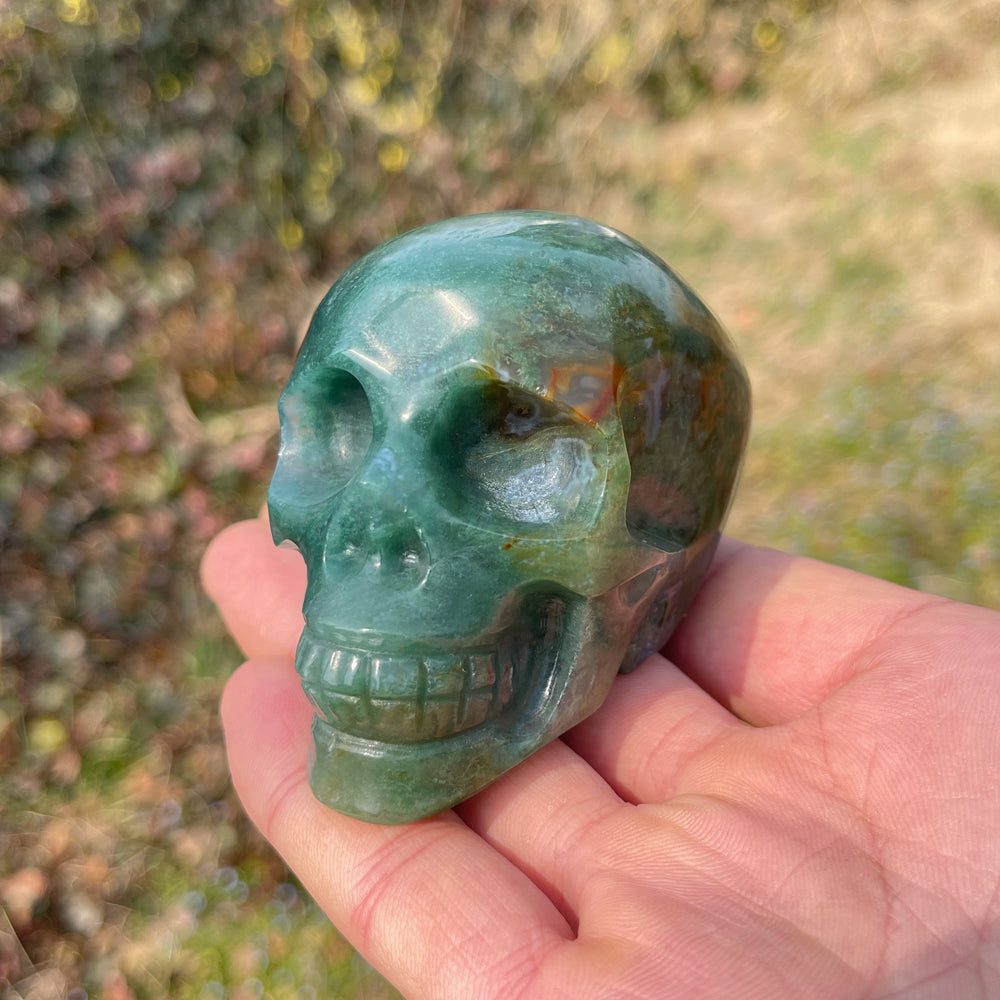 Unique,Natural Crystal Carving Moss Agate Skull